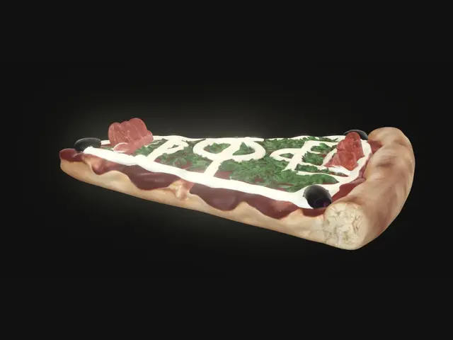 3D model for A slice of gourmet Italian pizza designed to look like a mini soccer field with toppings, stylized 3D, delicious look