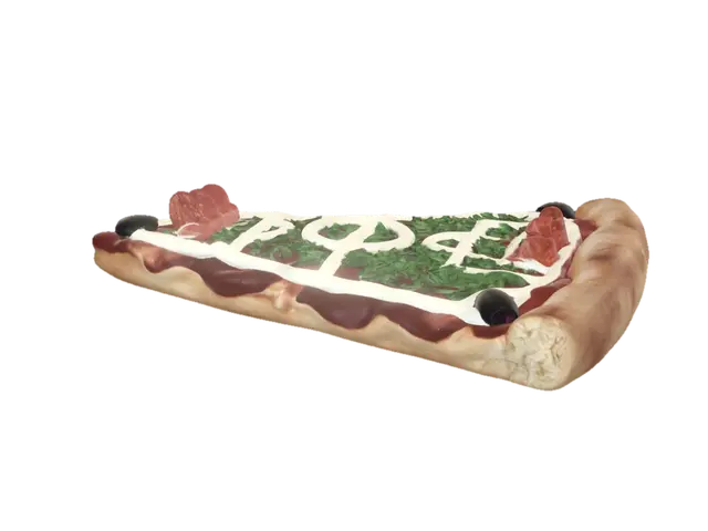 3D model for A slice of gourmet Italian pizza designed to look like a mini soccer field with toppings, stylized 3D, delicious look