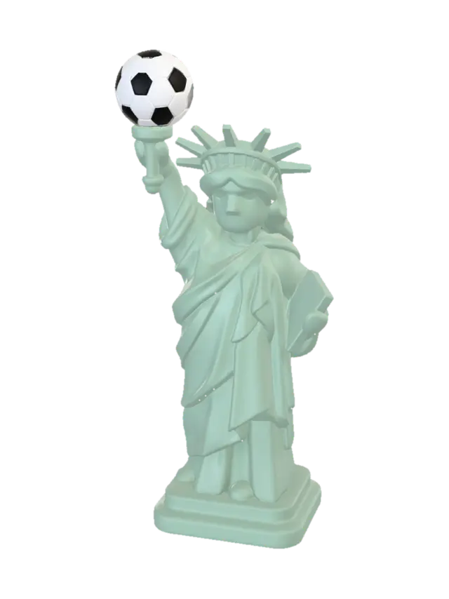 Miniature Statue of Liberty holding a 3D soccer ball, stylized, 3D asset, 8k… - 3dasset 3D model, vytvořený pomocí AI