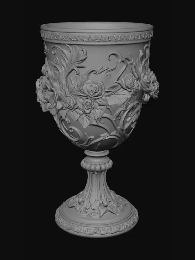 3D model for 深酒红琉璃杯身，暗纹鎏金缠枝，杯壁浮雕红玫瑰，底座古铜镶边，欧式古典微缩花器，白底。