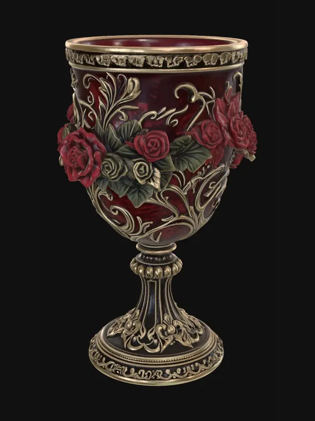 3D model for 深酒红琉璃杯身，暗纹鎏金缠枝，杯壁浮雕红玫瑰，底座古铜镶边，欧式古典微缩花器，白底。