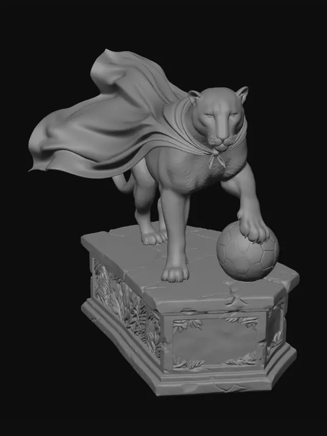 3D model for A majestic 3D statue of a powerful Brazilian jaguar, wearing a flowing green and yellow Brazilian flag cape. One paw resting on a vibrant green and gold soccer ball. Standing proudly on an ancient rainforest stone pedestal with intricate tropical leaf carvings and "BRAZIL" boldly engraved on the front. Exhibition quality, realistic fur and fabric textures, studio lighting, masterpiece, 8k.