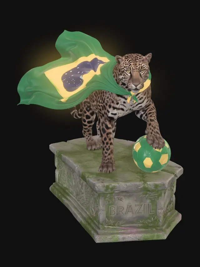 3D model for A majestic 3D statue of a powerful Brazilian jaguar, wearing a flowing green and yellow Brazilian flag cape. One paw resting on a vibrant green and gold soccer ball. Standing proudly on an ancient rainforest stone pedestal with intricate tropical leaf carvings and "BRAZIL" boldly engraved on the front. Exhibition quality, realistic fur and fabric textures, studio lighting, masterpiece, 8k.