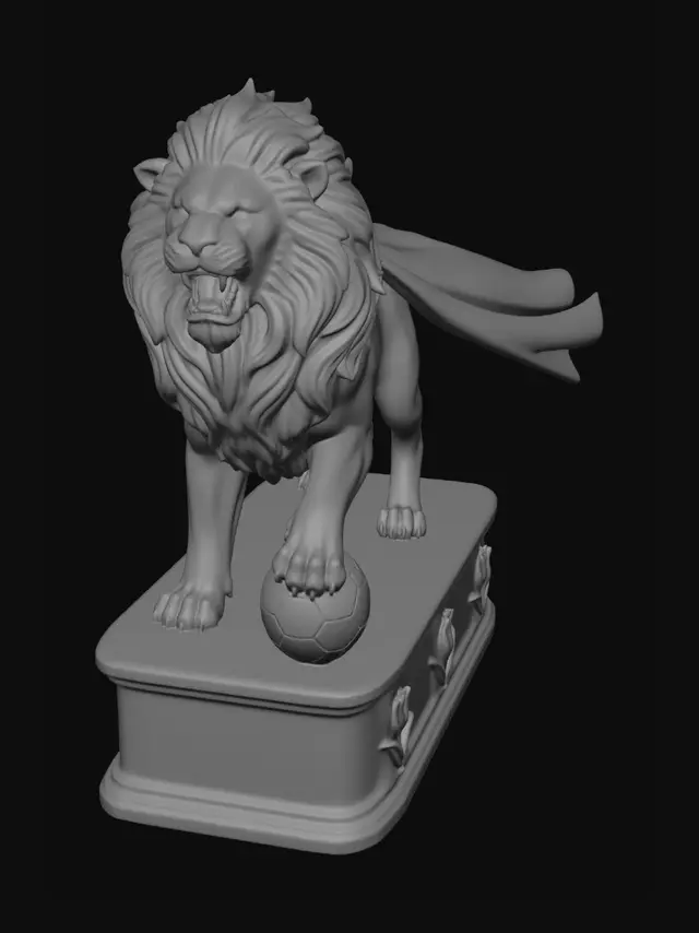 3D model for A roaring Dutch lion statue made of warm orange-tinted polished stone, wearing a vibrant orange national cape. One paw stepping on an orange and white patterned soccer ball. The base is a luxurious white porcelain pedestal decorated with subtle tulip reliefs and "NEDERLAND" engraved in gold. Elegant art asset, clean topology, studio lighting, 8k.
