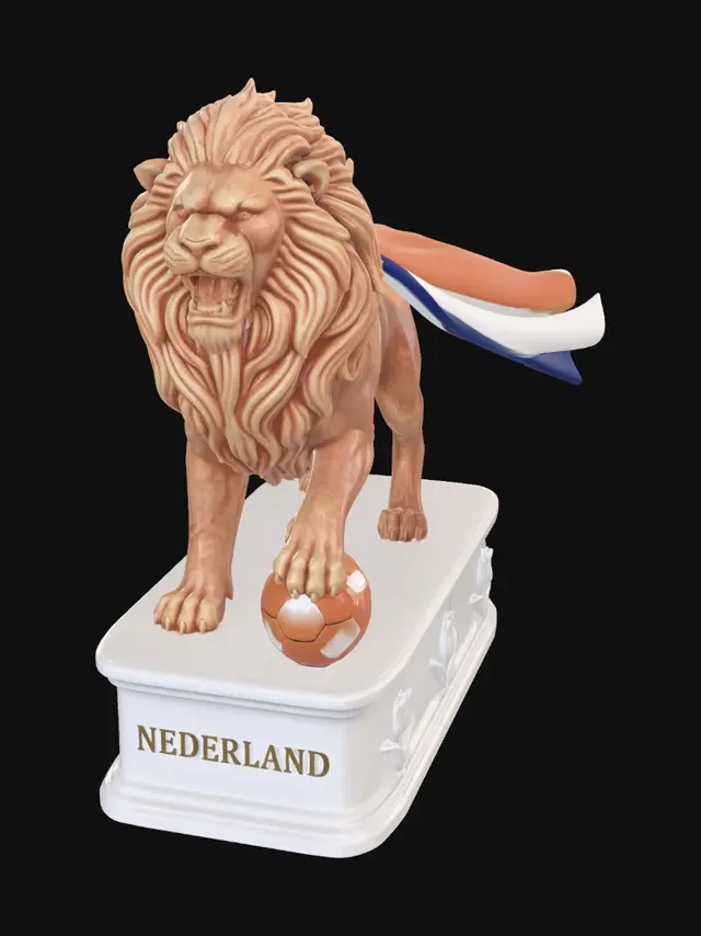 3D model for A roaring Dutch lion statue made of warm orange-tinted polished stone, wearing a vibrant orange national cape. One paw stepping on an orange and white patterned soccer ball. The base is a luxurious white porcelain pedestal decorated with subtle tulip reliefs and "NEDERLAND" engraved in gold. Elegant art asset, clean topology, studio lighting, 8k.