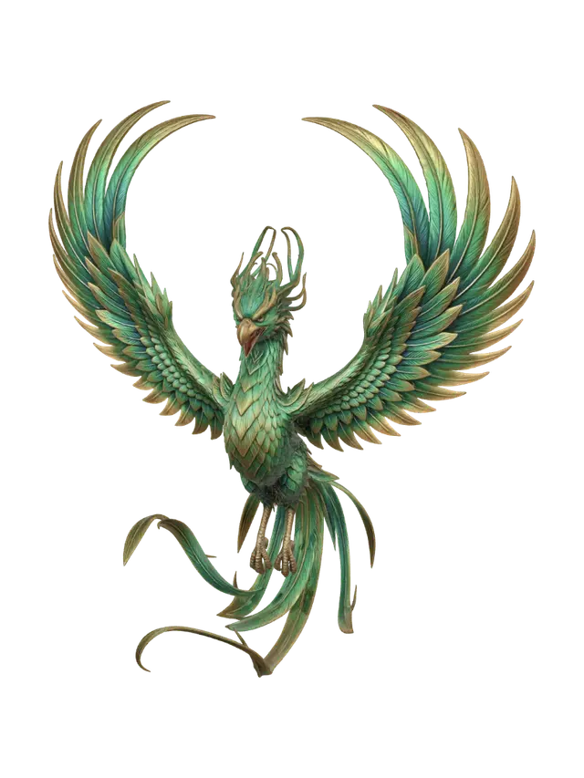 mythical carnival phoenix with emerald and gold feathers, samba flame trails flowing… - Aura 3D model, vytvořený pomocí AI