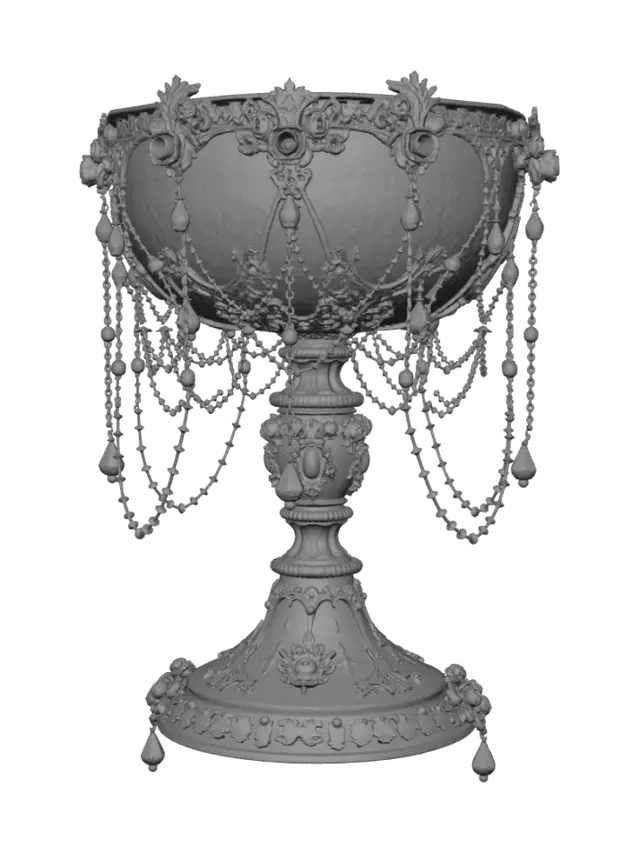 3D model for uxury ceremonial chalice wrapped in royal crimson velvet fabric and rich baroque gold ornamentation, deep red and antique gold palette, Parisian haute couture aesthetics, handcrafted regal artifact, elegant museum collectible design, ornate embroidery details, dramatic luxury styling, studio product photography, isolated object