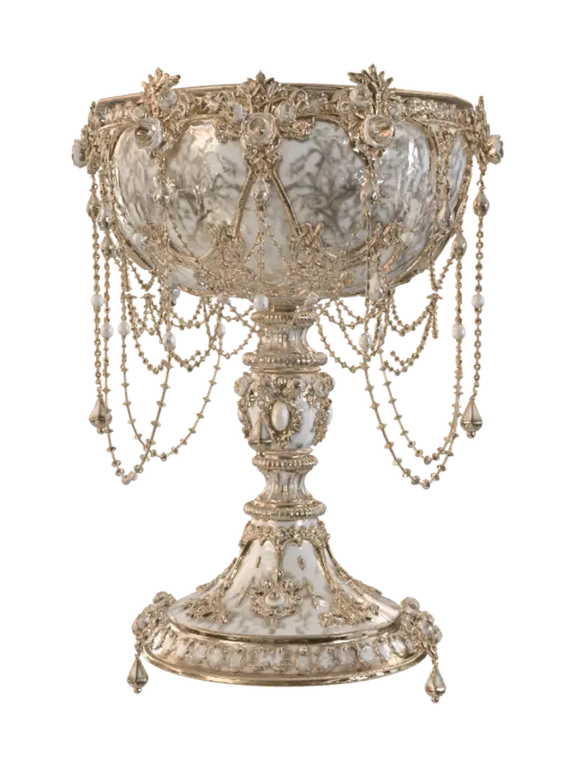 3D model for uxury ceremonial chalice wrapped in royal crimson velvet fabric and rich baroque gold ornamentation, deep red and antique gold palette, Parisian haute couture aesthetics, handcrafted regal artifact, elegant museum collectible design, ornate embroidery details, dramatic luxury styling, studio product photography, isolated object