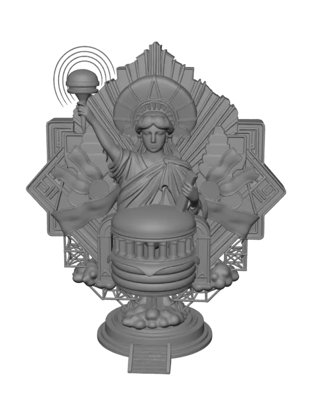 3D model for monumental liberty emblem inspired by gourmet American burgers and Art Deco architecture, floating luxury national artifact