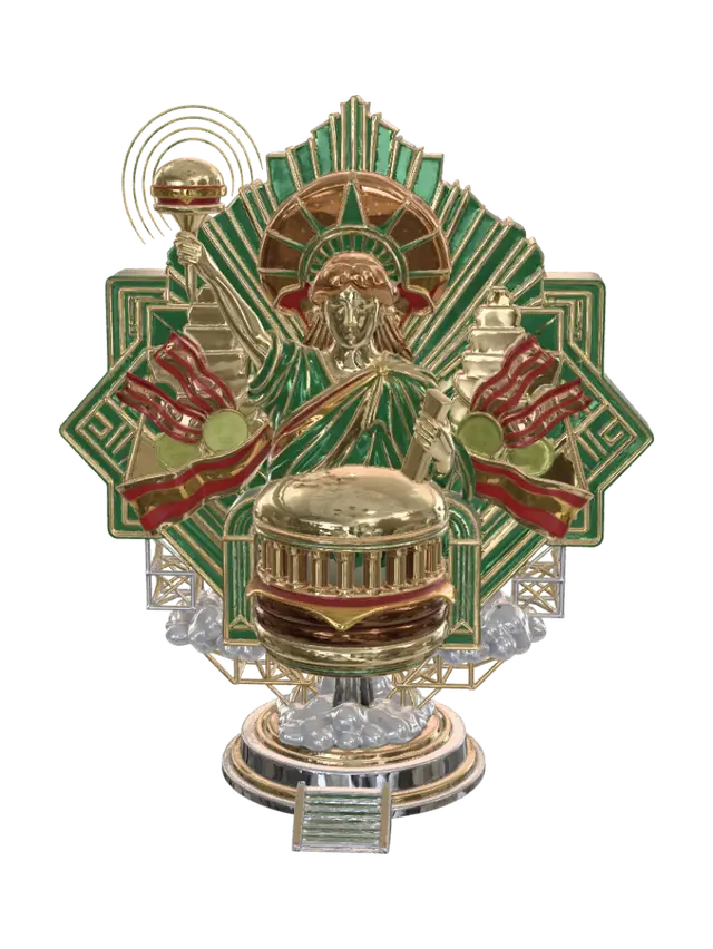 3D model for monumental liberty emblem inspired by gourmet American burgers and Art Deco architecture, floating luxury national artifact