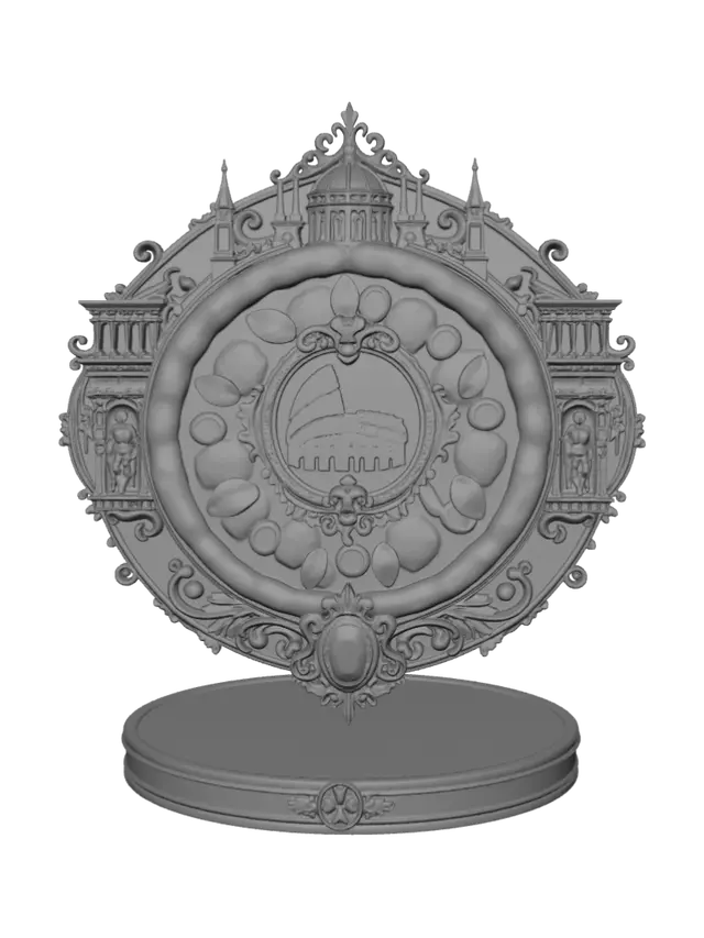 3D model for monumental emblem inspired by traditional Italian pizza and renaissance architecture, marble crust textures and antique gold ornamentation, floating national relic