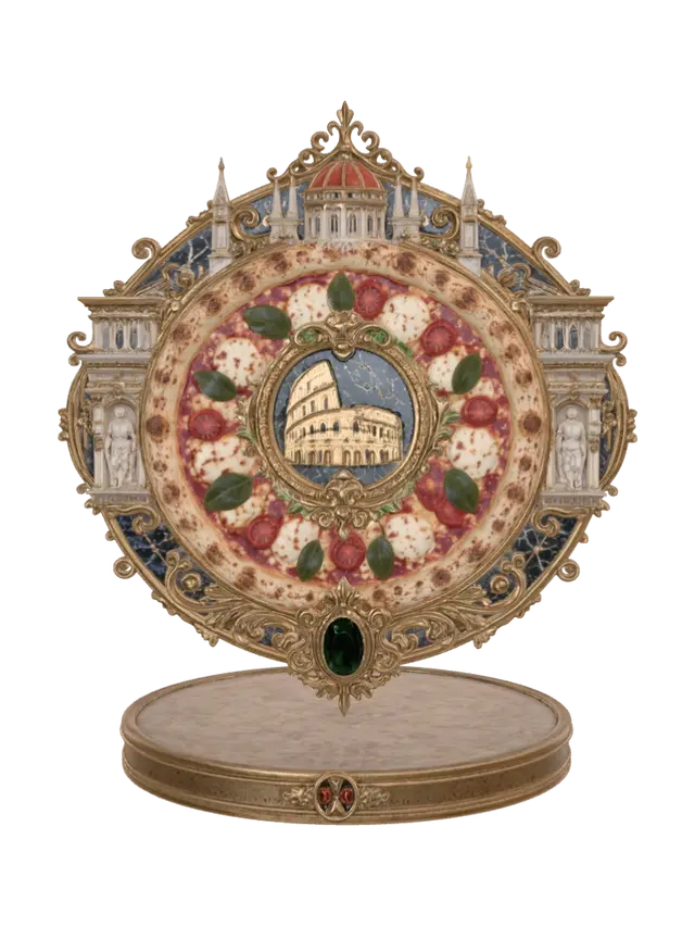 3D model for monumental emblem inspired by traditional Italian pizza and renaissance architecture, marble crust textures and antique gold ornamentation, floating national relic