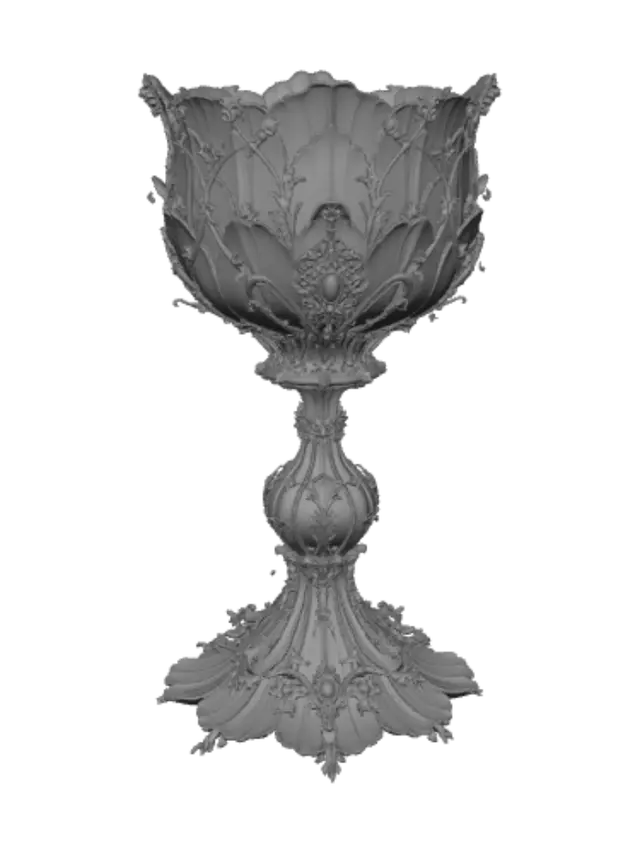 3D model for uxury ceremonial chalice wrapped in royal crimson velvet fabric and rich baroque gold ornamentation, deep red and antique gold palette, Parisian haute couture aesthetics, handcrafted regal artifact, elegant museum collectible design, ornate embroidery details, dramatic luxury styling, studio product photography, isolated object