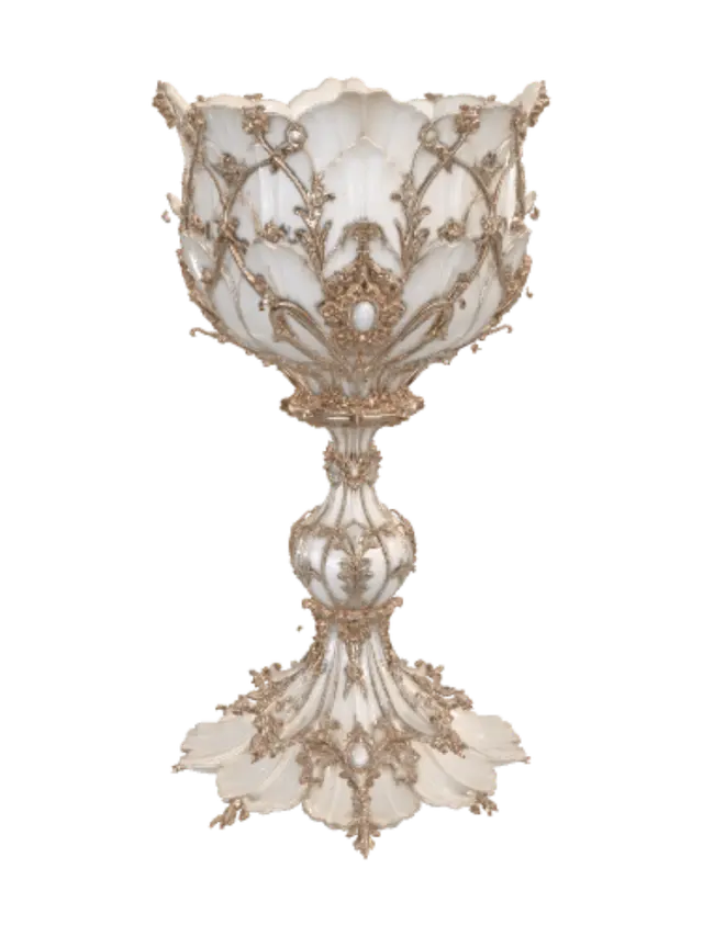 3D model for uxury ceremonial chalice wrapped in royal crimson velvet fabric and rich baroque gold ornamentation, deep red and antique gold palette, Parisian haute couture aesthetics, handcrafted regal artifact, elegant museum collectible design, ornate embroidery details, dramatic luxury styling, studio product photography, isolated object