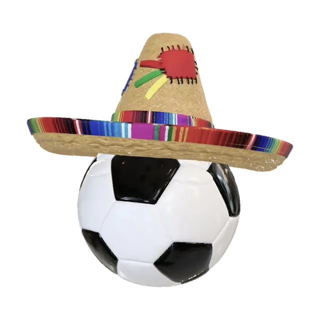 A giant Mexican sombrero sitting on a soccer ball, vibrant colors, cartoonish 3D… 3D model, vytvořený pomocí AI