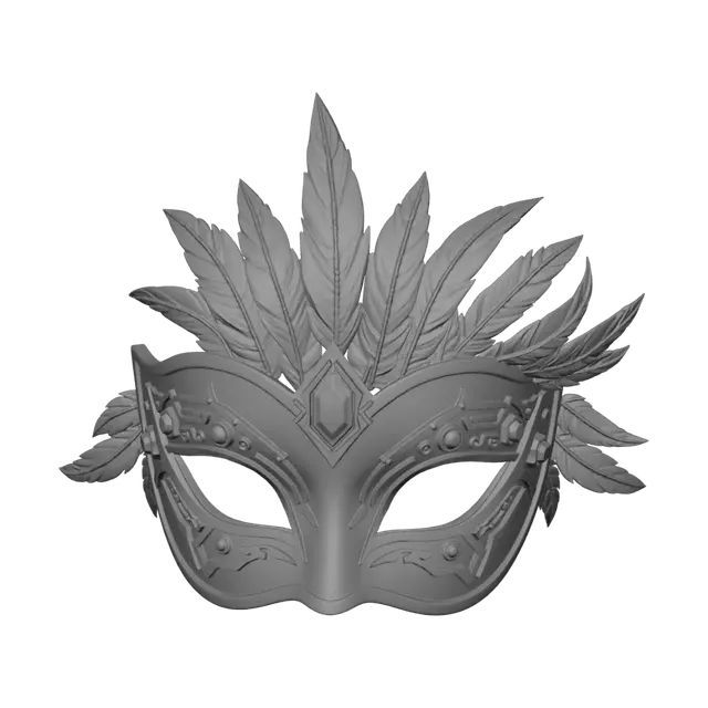 3D model for ornate carnival mask with LED feathers, glowing gemstones, Venice carnival mixed with cyberpunk aesthetics, isolated fashion accessory, no background, ultra detailed