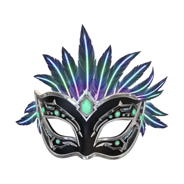 3D model for ornate carnival mask with LED feathers, glowing gemstones, Venice carnival mixed with cyberpunk aesthetics, isolated fashion accessory, no background, ultra detailed