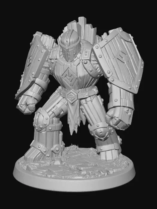 3D model for Wood golem fortress sentinel, hulking humanoid construct made of blackened timber and iron bands, glowing runes in chest, heavy blocky limbs, splintered shield-like shoulders, defensive stance, no background, readable tabletop miniature, fantasy 3D printable model
