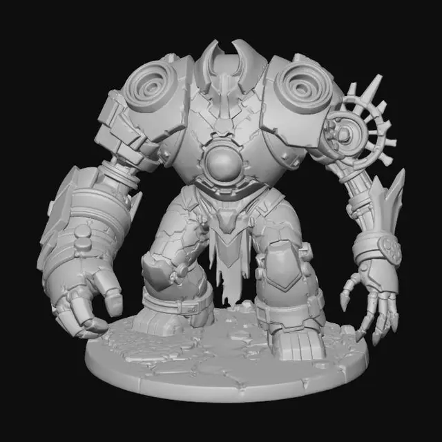3D model for Incomplete trinity golem, large arcane construct with cracked iron body, unstable elemental core, two active elemental vents for fire and frost with a fractured lightning socket, asymmetrical armored limbs, glowing runes, experimental boss monster, no background, strong tabletop silhouette, 3D printable fantasy miniature