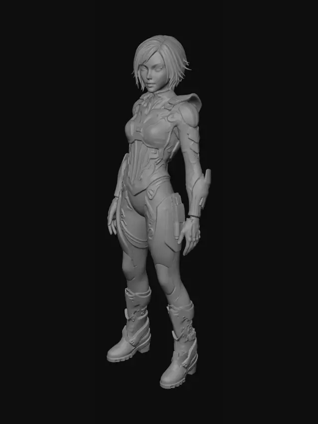 3D model for 原创女性角色，赛博朋克风格，银白色短发，标志性呆毛，异色瞳，左眼青蓝右眼暗金，娇小身材，安静冷淡气质，轻微傲娇感。

参考露西（Cyberpunk Edgerunners）与鸣潮角色设计理念，但必须为原创角色。

高机动赛博作战服，短款科技外套，高领紧身内衬，不对称战术短裙，功能型腰带，腰间悬浮蓝色六边形记忆核心装置，黑白主色调，蓝金色发光线路。

手臂拥有少量精致义体结构，未来科技感但不过度机械化，少女感与佣兵感并存。

非战斗姿态，站立立绘，双手自然下垂，表情平静，赛博都市夜景背景，霓虹灯光，鸣潮角色立绘质感，高质量二次元游戏角色建模