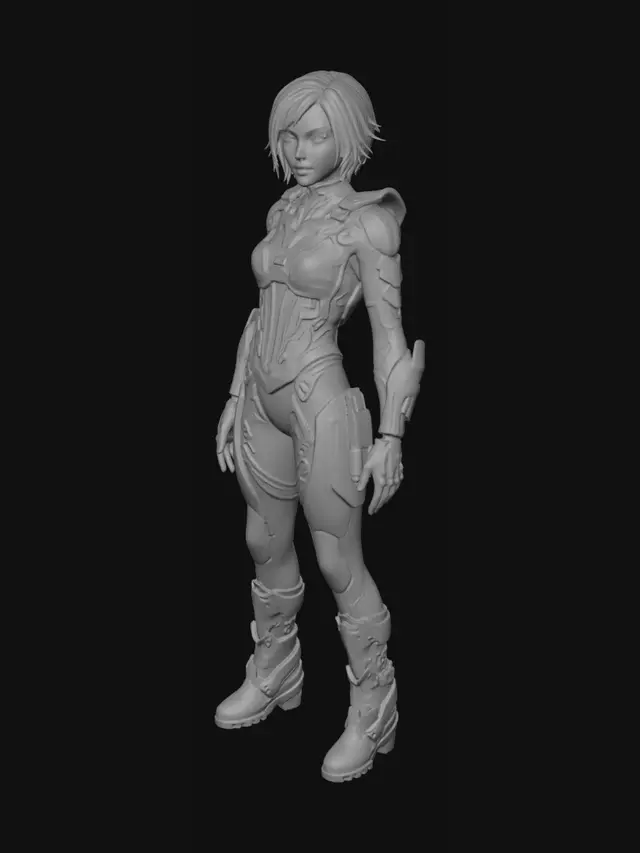 3D model for 原创女性角色，赛博朋克风格，银白色短发，标志性呆毛，异色瞳，左眼青蓝右眼暗金，娇小身材，安静冷淡气质，轻微傲娇感。

参考露西（Cyberpunk Edgerunners）与鸣潮角色设计理念，但必须为原创角色。

高机动赛博作战服，短款科技外套，高领紧身内衬，不对称战术短裙，功能型腰带，腰间悬浮蓝色六边形记忆核心装置，黑白主色调，蓝金色发光线路。

手臂拥有少量精致义体结构，未来科技感但不过度机械化，少女感与佣兵感并存。

非战斗姿态，站立立绘，双手自然下垂，表情平静，赛博都市夜景背景，霓虹灯光，鸣潮角色立绘质感，高质量二次元游戏角色建模