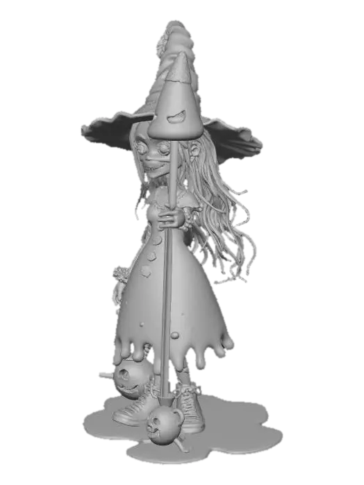 3D model for #Halloween2025#, A whimsical yet sinister candy witch with a dress made of melting lollipops and licorice vines. Sugar skull face paint with crystallized honey dripping. Candy corn staff topped with a jack-o'-lantern. Gingerbread familiar creature perched on shoulder. Cotton candy hair with caramel streaks. Detailed fabric textures, subsurface scattering on candy elements, studio lighting, highly detailed.