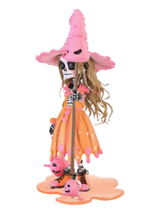 3D model for #Halloween2025#, A whimsical yet sinister candy witch with a dress made of melting lollipops and licorice vines. Sugar skull face paint with crystallized honey dripping. Candy corn staff topped with a jack-o'-lantern. Gingerbread familiar creature perched on shoulder. Cotton candy hair with caramel streaks. Detailed fabric textures, subsurface scattering on candy elements, studio lighting, highly detailed.