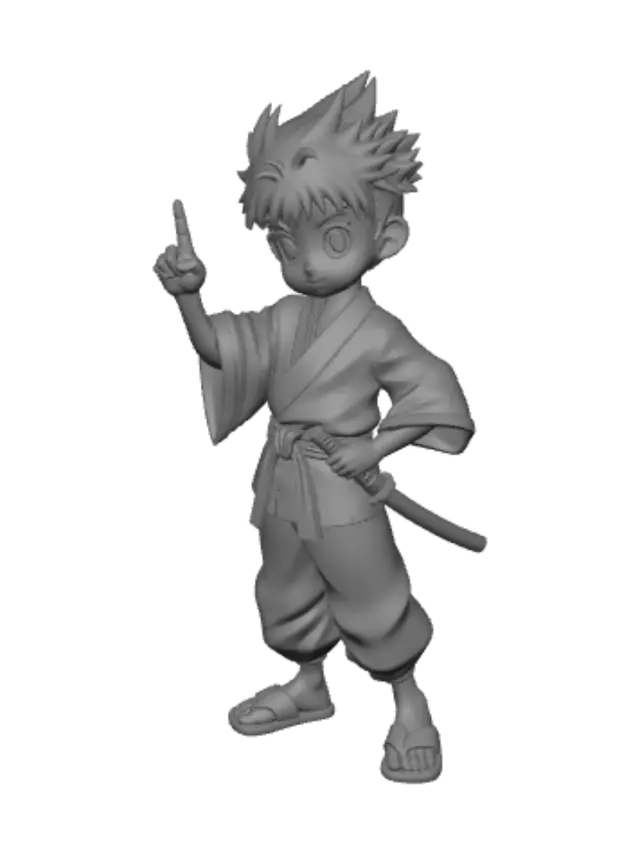 3D model for Cartoon stylized young samurai character inspired by classic 90s manga style, spiky hair, wearing simple kimono outfit and traditional wooden geta sandals, confident pose with small katana at the waist. Exaggerated proportions, clean shapes, smooth surfaces, colorful hand-painted textures, simple anime style.