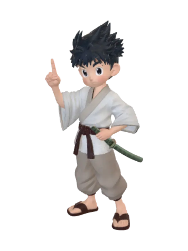 3D model for Cartoon stylized young samurai character inspired by classic 90s manga style, spiky hair, wearing simple kimono outfit and traditional wooden geta sandals, confident pose with small katana at the waist. Exaggerated proportions, clean shapes, smooth surfaces, colorful hand-painted textures, simple anime style.