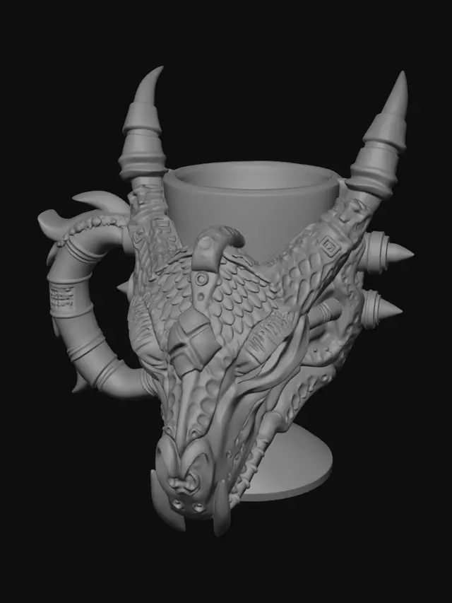 3D model for a mug capable of holding a 375ml Coke can made out of a dragon skull with a handle, and the handle will be hollow enough to allow a standard d20 dice to roll down through the handle with ease into a tray, something like dragon skull with the hole in top to accommodate the 375ml can, and like it has dual horns on each side of the skull that are wide enough to accommodate a standard d20 to roll through the horn into a tray