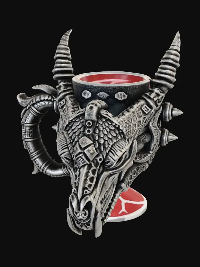 3D model for a mug capable of holding a 375ml Coke can made out of a dragon skull with a handle, and the handle will be hollow enough to allow a standard d20 dice to roll down through the handle with ease into a tray, something like dragon skull with the hole in top to accommodate the 375ml can, and like it has dual horns on each side of the skull that are wide enough to accommodate a standard d20 to roll through the horn into a tray