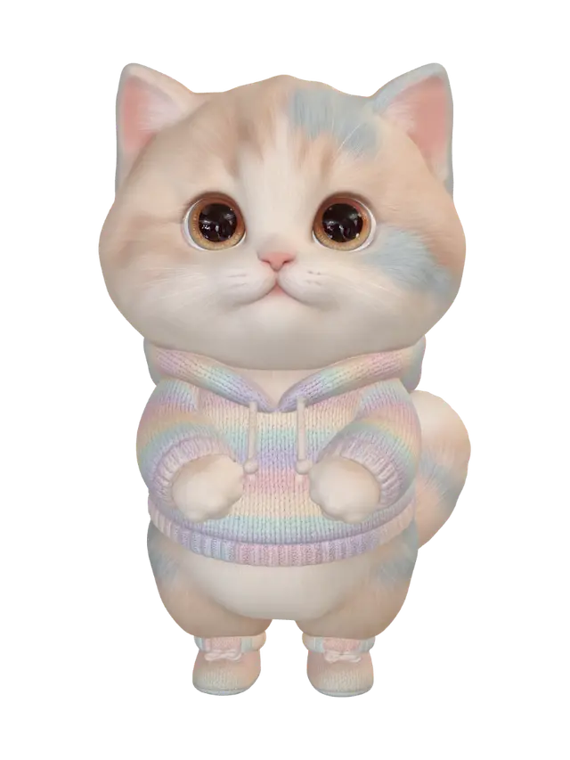 3D model for A cute chubby kitten wearing a tiny cozy outfit, big sparkling eyes, soft fluffy fur, standing on two legs, adorable expression, pastel color palette, soft studio lighting, clean gradient background, ultra-detailed, Pixar-style 3D character render, wholesome and heart-melting