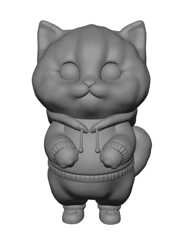 3D model for A cute chubby kitten wearing a tiny cozy outfit, big sparkling eyes, soft fluffy fur, standing on two legs, adorable expression, pastel color palette, soft studio lighting, clean gradient background, ultra-detailed, Pixar-style 3D character render, wholesome and heart-melting