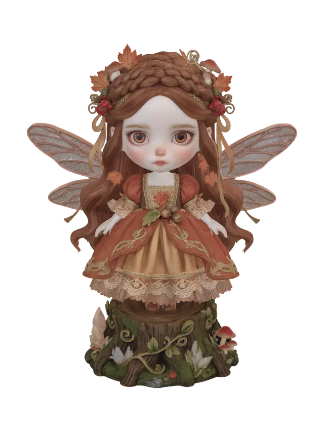 3D model for An exquisite high-end collectible figurine of a delicate autumn forest fairy girl, chibi-to-realistic hybrid proportions, translucent porcelain skin with warm rosy blush gradients, large luminous amber glass eyes with hand-painted detail and catchlights, flowing gown in burnt-orange and gold layered with hand-sculpted lace, tiny acorns and silk ribbons, a crown of maple leaves, berries and little mushrooms cascading through her braided auburn hair, gold filigree accents, iridescent copper dragonfly wings catching the light, standing on an ornate mossy tree-stump pedestal wrapped in vines and crystals, cinematic soft rim lighting, dark gradient background, ultra-detailed 8K render, luxury designer collectible, masterpiece craftsmanship