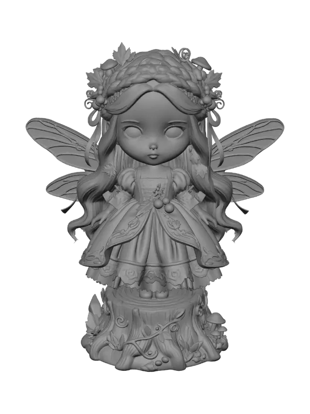 3D model for An exquisite high-end collectible figurine of a delicate autumn forest fairy girl, chibi-to-realistic hybrid proportions, translucent porcelain skin with warm rosy blush gradients, large luminous amber glass eyes with hand-painted detail and catchlights, flowing gown in burnt-orange and gold layered with hand-sculpted lace, tiny acorns and silk ribbons, a crown of maple leaves, berries and little mushrooms cascading through her braided auburn hair, gold filigree accents, iridescent copper dragonfly wings catching the light, standing on an ornate mossy tree-stump pedestal wrapped in vines and crystals, cinematic soft rim lighting, dark gradient background, ultra-detailed 8K render, luxury designer collectible, masterpiece craftsmanship