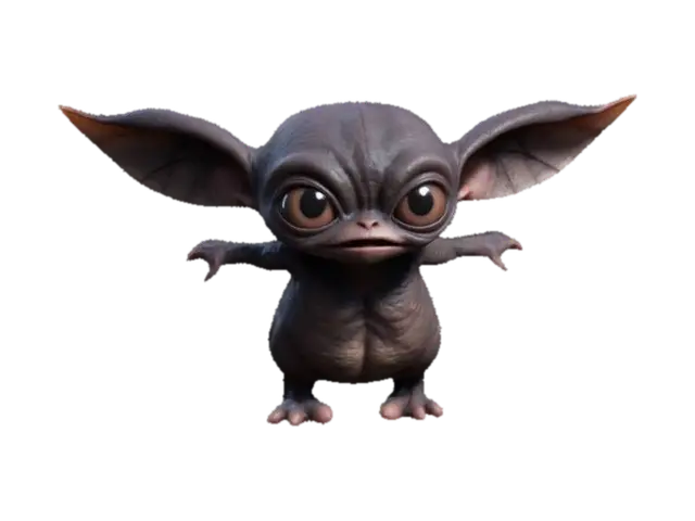 3D model for cute dark gremlin simple no shadows in a T-pose with arms outstretched, Highly Detailed, Ultra Realistic, Full Body, 4K texture, kawaii, #game#