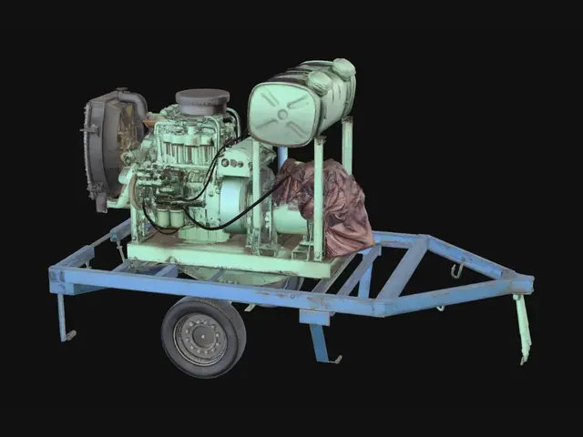 3D model for Old green diesel generator on a weathered blue frame
