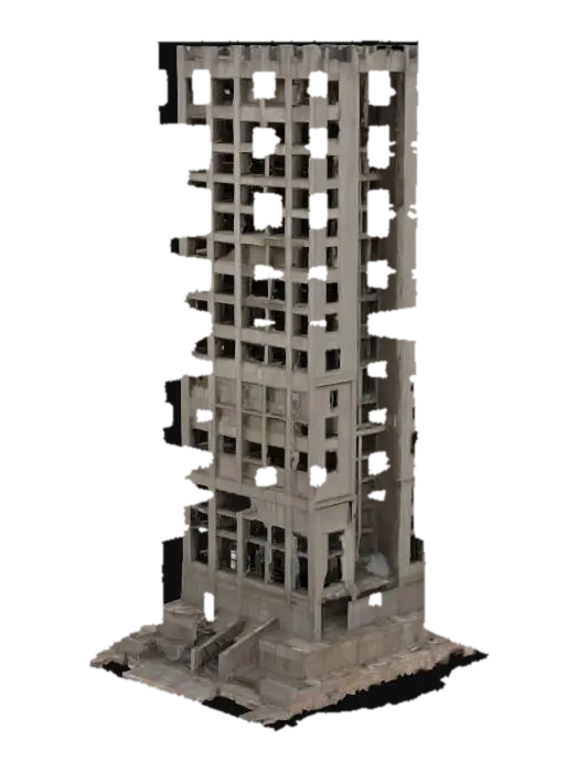An imposing, unfinished skyscraper, its concrete skeleton partially exposed and… 3D model, vytvořený pomocí AI