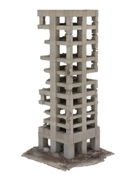 An imposing, unfinished skyscraper, its concrete skeleton partially exposed and… 3D model, vytvořený pomocí AI