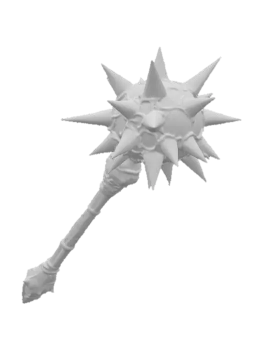 3D model for A spiked ball morningstar that has an ornate gold, white, and ruby encrusted handle. The flail is ceremonial, made of crystal, colored glass, and gives off reflective properties. It is made of stained glass.