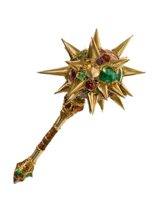 3D model for A spiked ball morningstar that has an ornate gold, white, and ruby encrusted handle. The flail is ceremonial, made of crystal, colored glass, and gives off reflective properties. It is made of stained glass.
