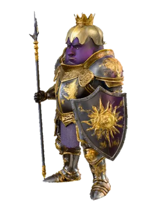 An dark purple eggplant in shining steel armor, with gold leaf enlay across the… - Proud 3D model, vytvořený pomocí AI