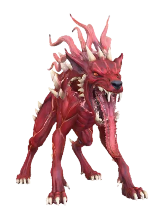 A vicious hellhound with a large open mouth and long forked tongue, it's body is red… - Hound 3D model, vytvořený pomocí AI