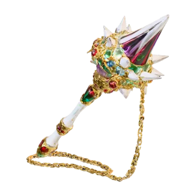 A spiked ball flail that has an ornate gold, white, and ruby encrusted handle. The… 3D model, vytvořený pomocí AI