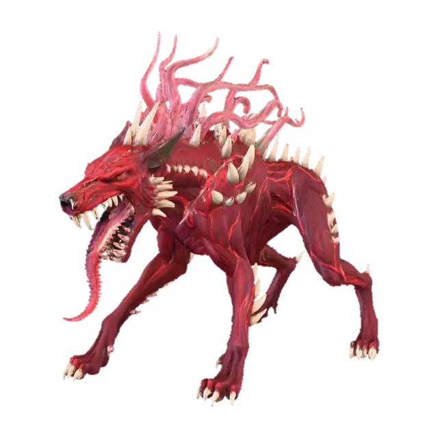 A vicious hellhound with a large open mouth and long forked tongue, it's body is red… - Hound 3D model, vytvořený pomocí AI