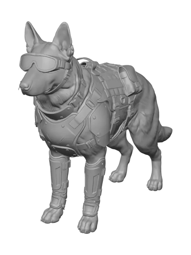 3D model for Create a service dog that supports troops in battle. dressed in his full battle gear