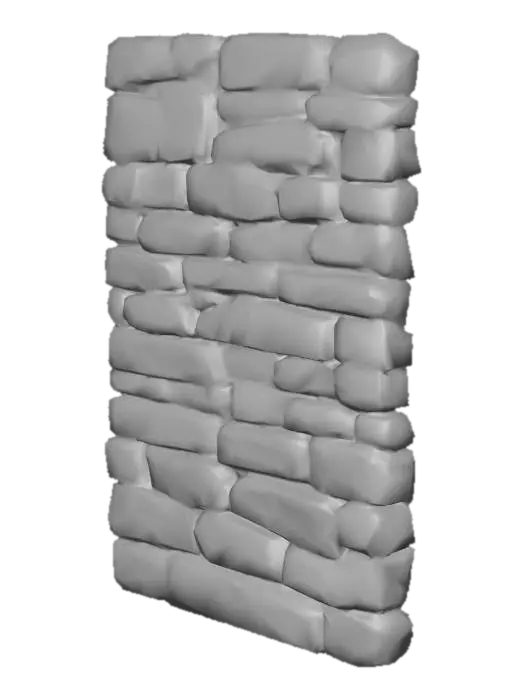 3D model for A stylized vertical rock wall designed as a modular 3D tile for seamless repetition. The wall is perfectly upright, intended to be used as a vertical surface in level design.

The surface is composed of large, simplified rock blocks and stratified stone forms, with shallow depth and controlled relief. Details are broad and clean, avoiding thin cracks or deep cavities that would create visual noise when tiled repeatedly.

The pattern is non-directional and evenly distributed, with no dominant features that would reveal repetition when placed side by side. The top, bottom, and side edges are neutral and tileable, allowing seamless stacking both horizontally and vertically.

Art style: light cell shading, clean color transitions, minimal texture noise. Stylized fantasy environment inspired by