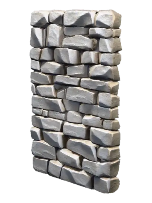 3D model for A stylized vertical rock wall designed as a modular 3D tile for seamless repetition. The wall is perfectly upright, intended to be used as a vertical surface in level design.

The surface is composed of large, simplified rock blocks and stratified stone forms, with shallow depth and controlled relief. Details are broad and clean, avoiding thin cracks or deep cavities that would create visual noise when tiled repeatedly.

The pattern is non-directional and evenly distributed, with no dominant features that would reveal repetition when placed side by side. The top, bottom, and side edges are neutral and tileable, allowing seamless stacking both horizontally and vertically.

Art style: light cell shading, clean color transitions, minimal texture noise. Stylized fantasy environment inspired by