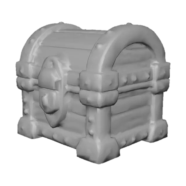 3D model for Create a stylized 3D isometric game prop: a wooden treasure chest matching the same League of Legends / Supervive-inspired hand-painted + cel-shaded art direction. Chunky readable shapes, slightly exaggerated bevels, clean edge highlights, soft gradient ramp shading, crisp ambient occlusion, subtle outline accents. Materials: warm oak planks with visible stylized wood grain, reinforced by dark iron bands and rivets, a simple lock plate, slightly worn corners, small scratches, no extreme damage. Keep it game-ready with medium-high detail and a clear silhouette. Consistent isometric/top-down lighting, neutral studio background, high resolution, sharp focus.