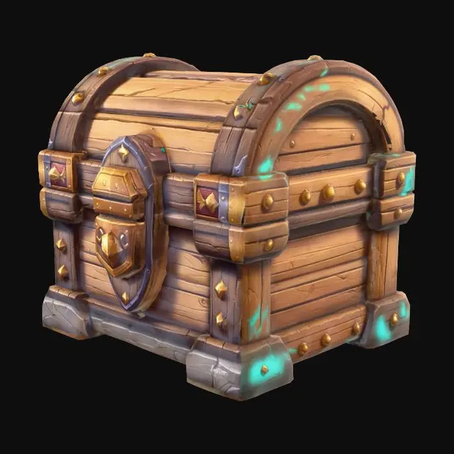 3D model for Create a stylized 3D isometric game prop: a wooden treasure chest matching the same League of Legends / Supervive-inspired hand-painted + cel-shaded art direction. Chunky readable shapes, slightly exaggerated bevels, clean edge highlights, soft gradient ramp shading, crisp ambient occlusion, subtle outline accents. Materials: warm oak planks with visible stylized wood grain, reinforced by dark iron bands and rivets, a simple lock plate, slightly worn corners, small scratches, no extreme damage. Keep it game-ready with medium-high detail and a clear silhouette. Consistent isometric/top-down lighting, neutral studio background, high resolution, sharp focus.